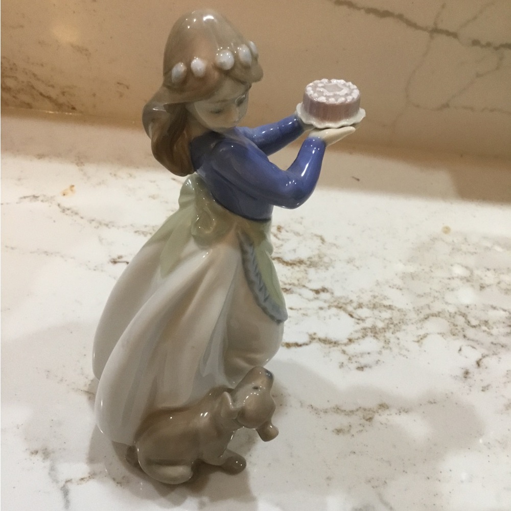 Lladro NAO Girl Holding Cake w Watchful Pup!